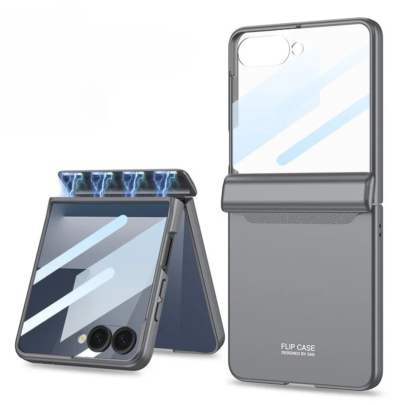 Gray flip case for a smartphone with reflective surface