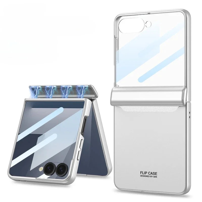 Flip case for a smartphone with reflective surface on a white background