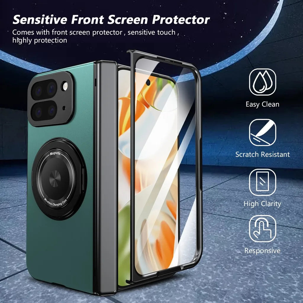 Smartphone with a front screen protector on a dark background, featuring text and icons about the product's features.