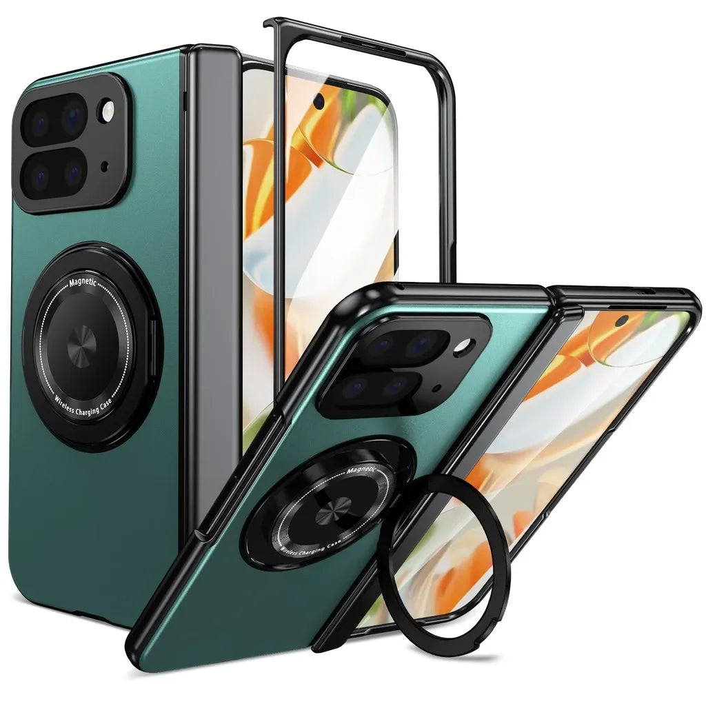 Green phone case with a clear back and black accents on a white background