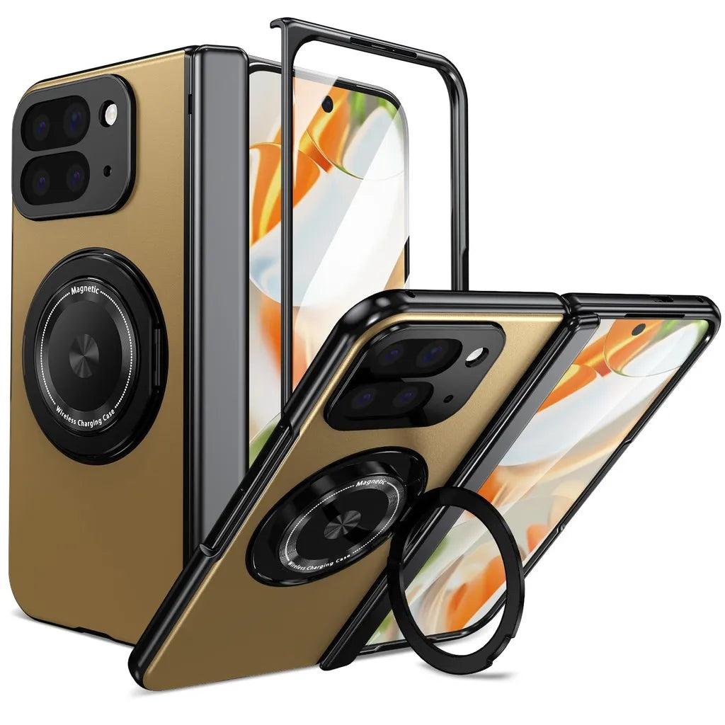 Gold phone case with black accents on a white background