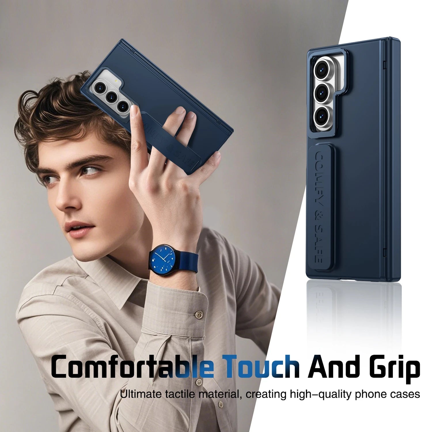Person holding a phone with a blue phone case, showing the brand 'ExoFit'.