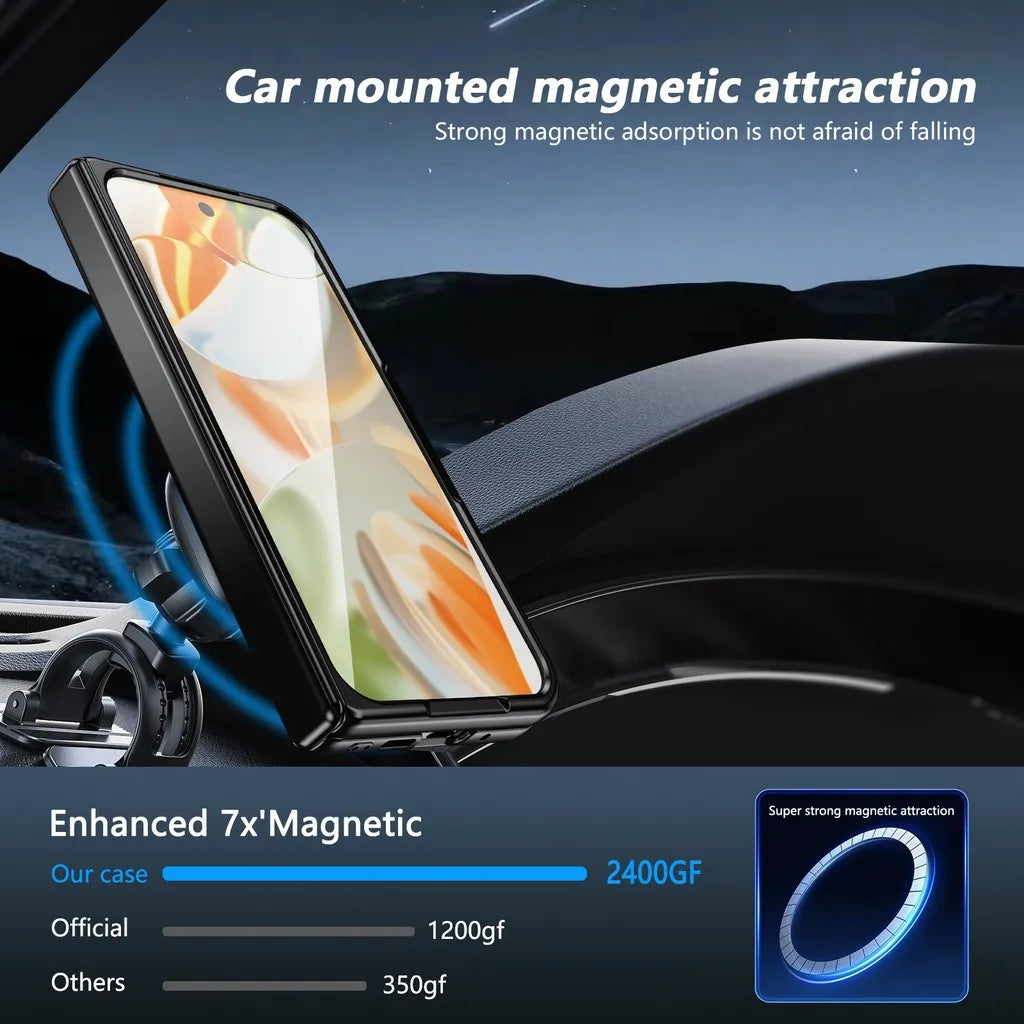Phone case with magnetic attraction feature displayed against a car interior background