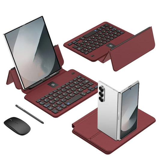 Collage of a red keyboard and tablet stand with a smartphone on a white background