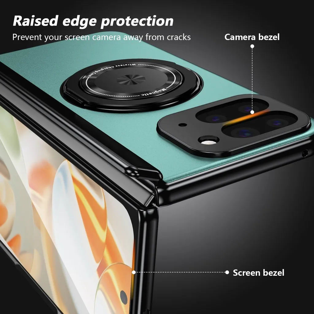 Phone case with raised edge protection features labeled on a black background