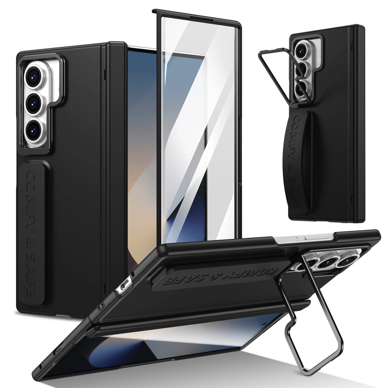Black phone case with stand and card holder on a white background