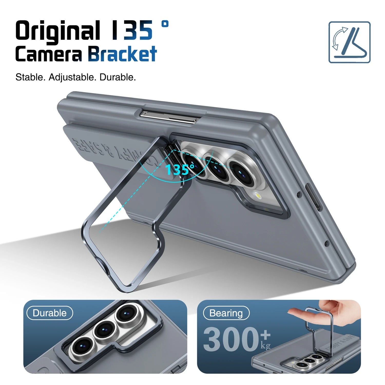 Gray phone case with adjustable camera bracket on a white background