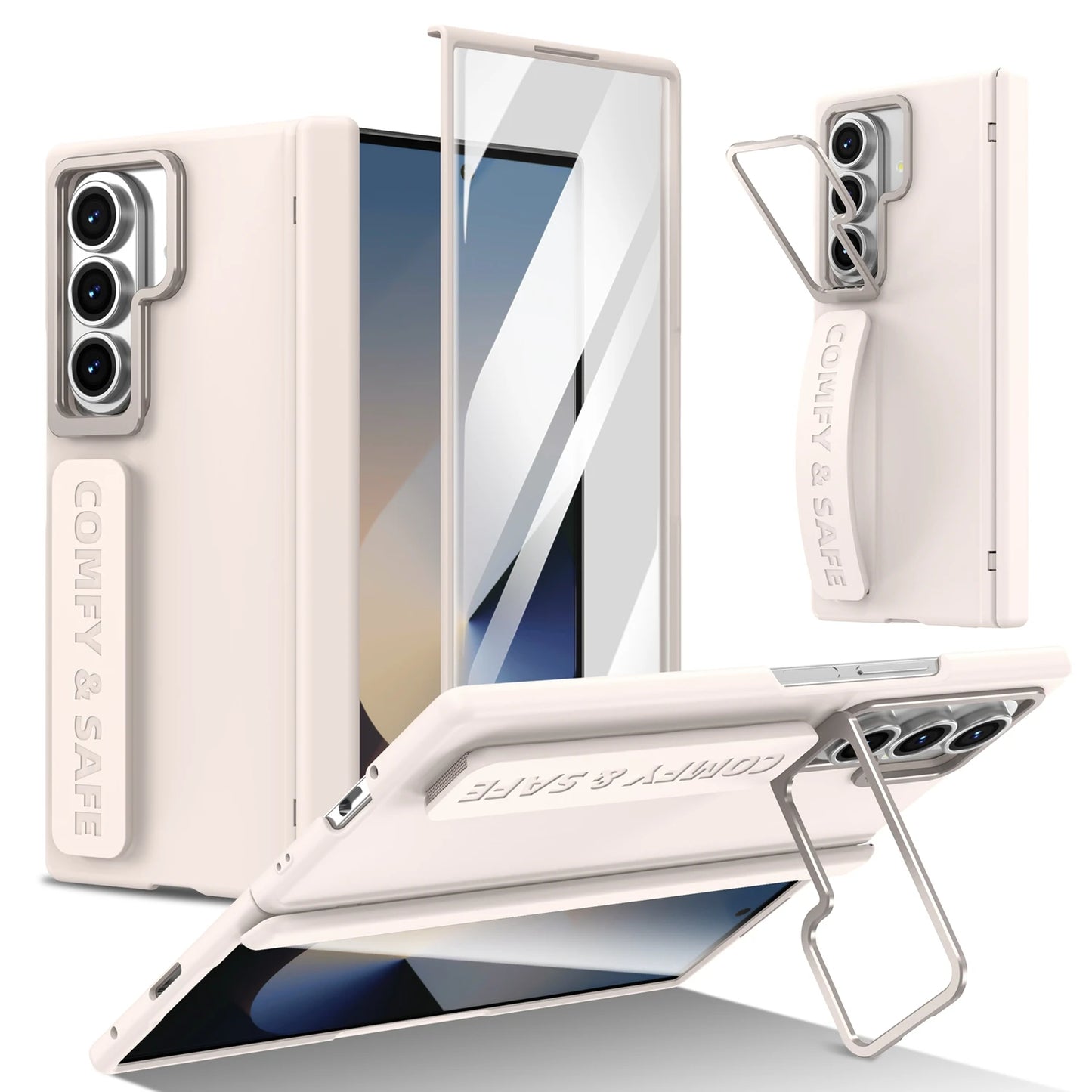 White phone case with screen protector and stand feature on a white background