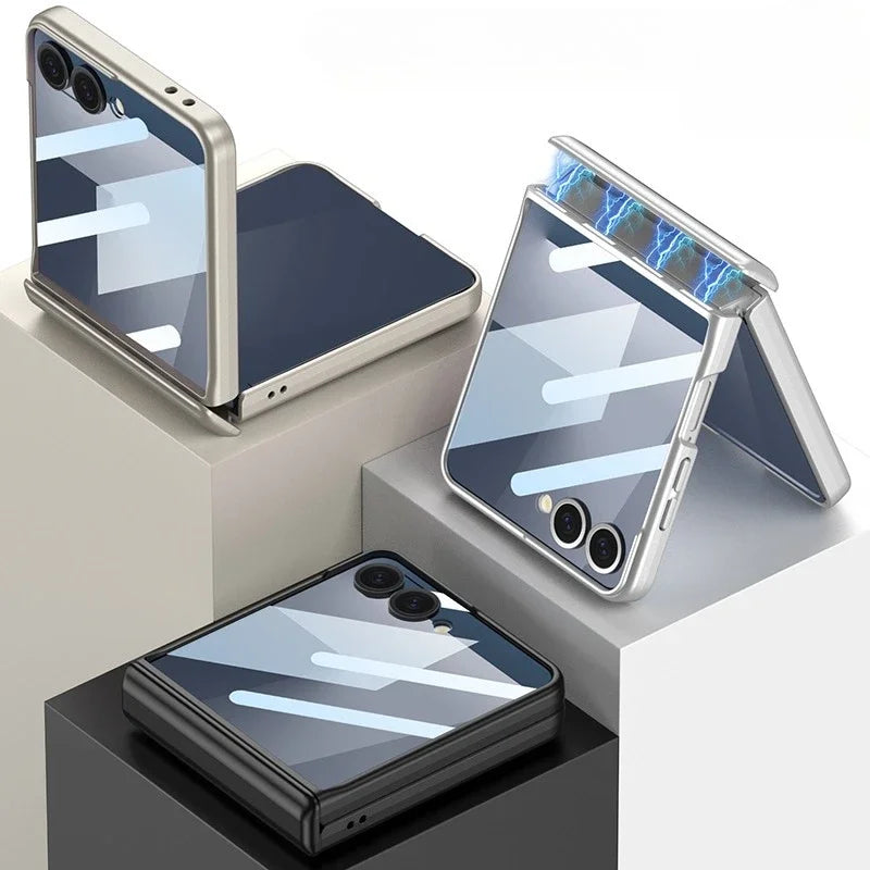 Threefolded smartphone with reflective surface on a neutral background