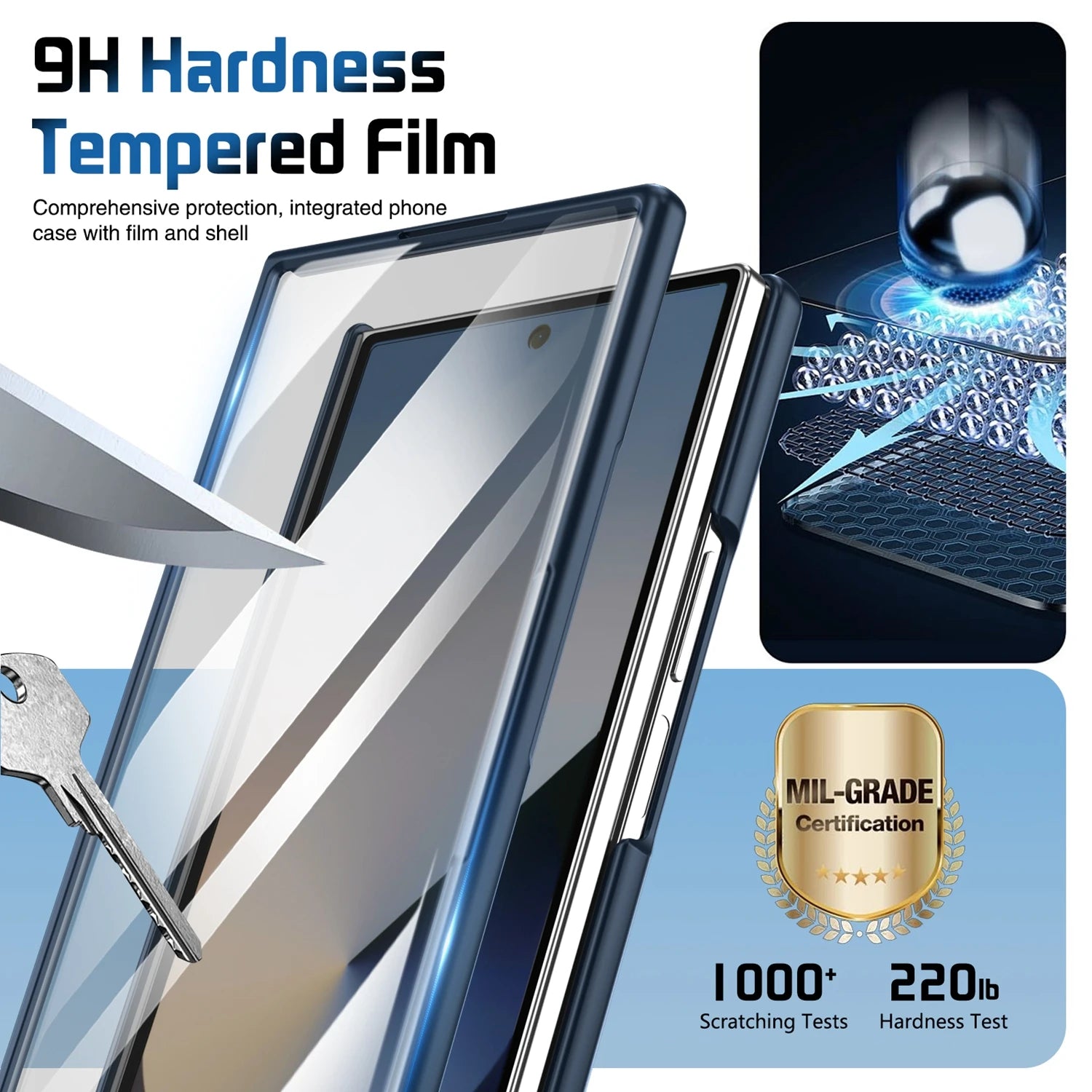 Tempered film for a phone case with hardness and certification details.