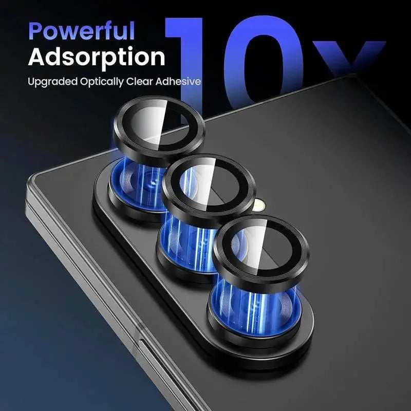 Close-up of smartphone camera lenses with blue light and text highlighting powerful adsorption and clear adhesive