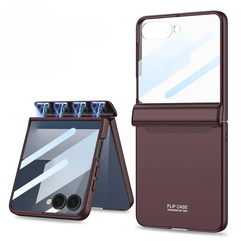 Brown flip case for a smartphone with reflective surface