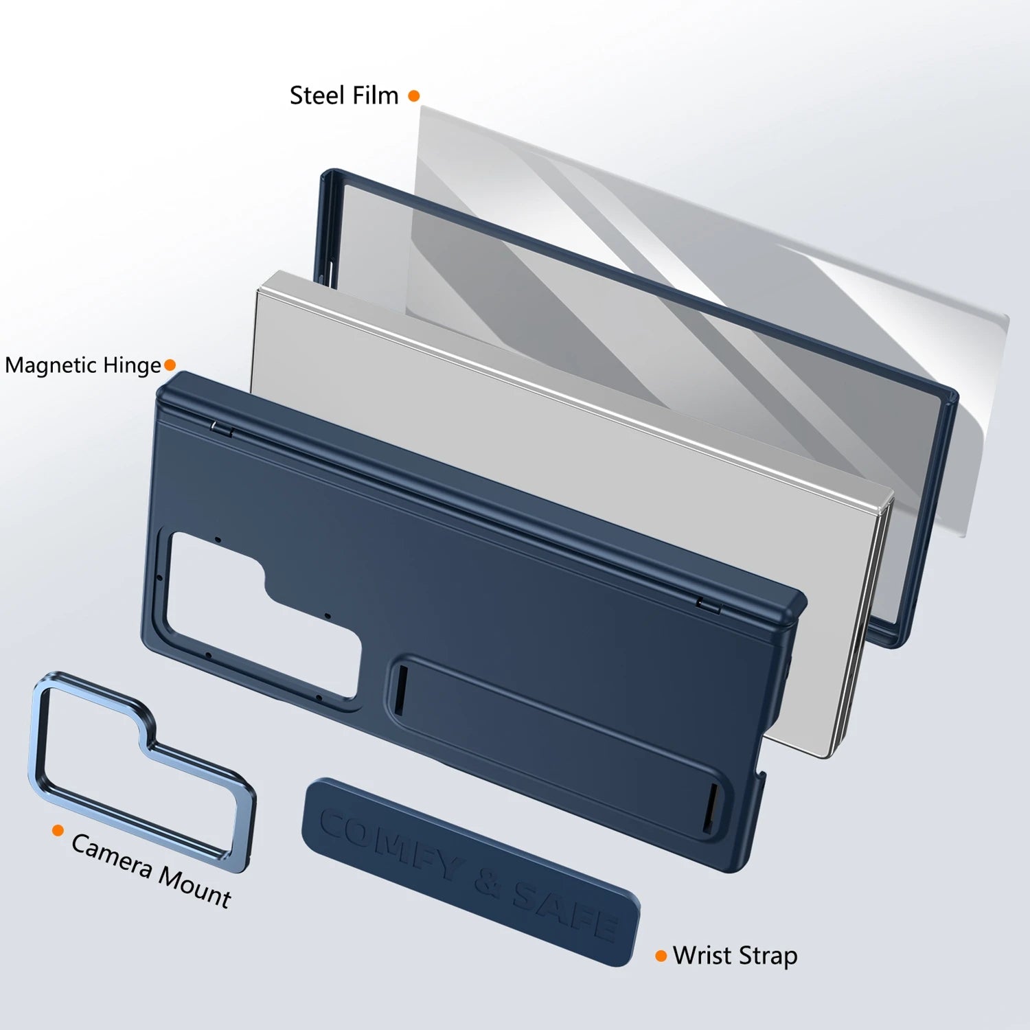 Phone case components including steel film, magnetic hinge, camera mount, and wrist strap on a light gray background.