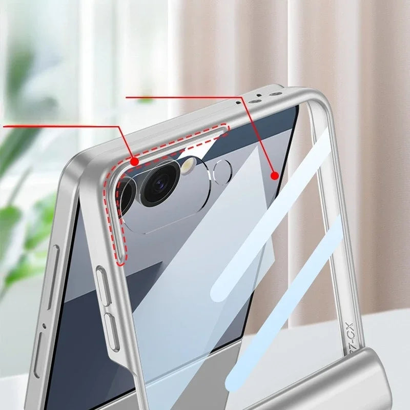 Phone case with clear back and metal frame on a blurred indoor background