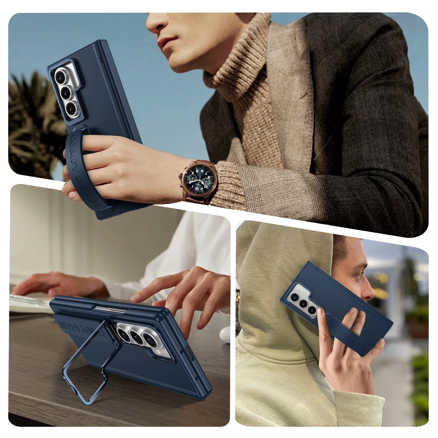 Collage of a person using a blue phone case with stand and grip feature.