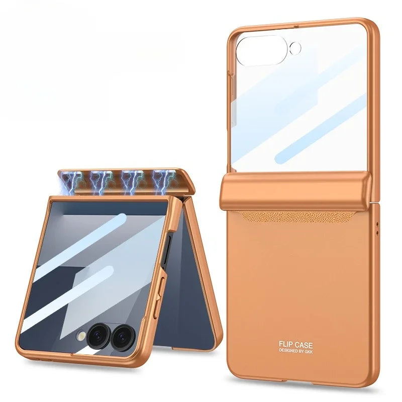 Gold flip phone case with clear back and brand name on a white background
