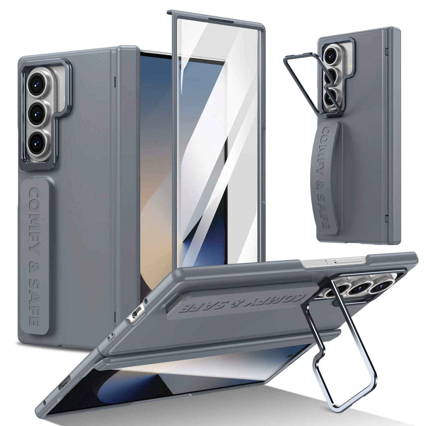 Gray phone case with stand and screen protector on a white background