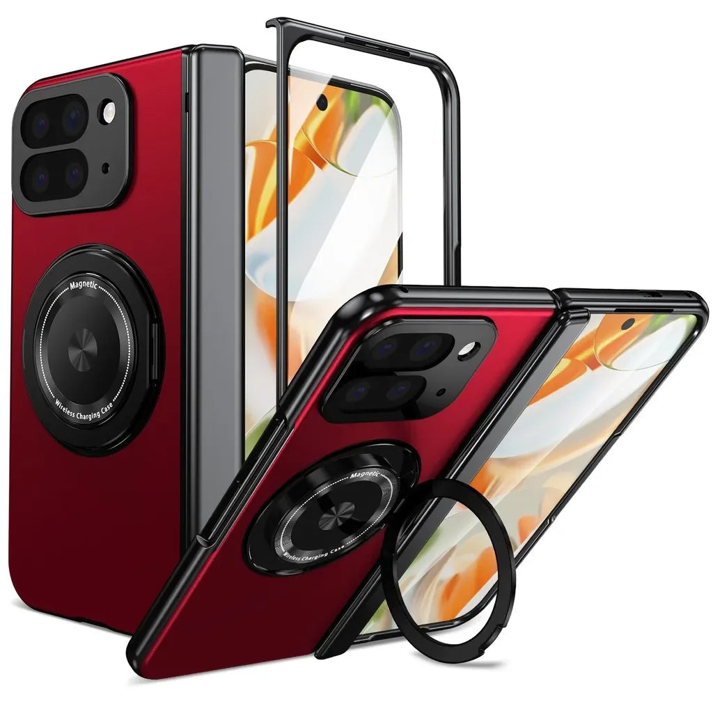 Red and black phone case with magnetic charging port on a white background