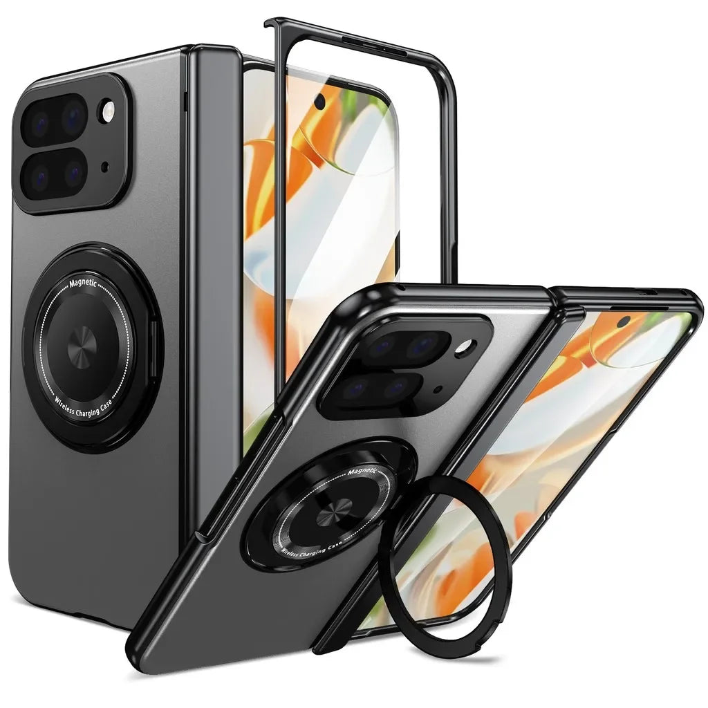 Phone case with screen protector and magnetic charging cap on a white background