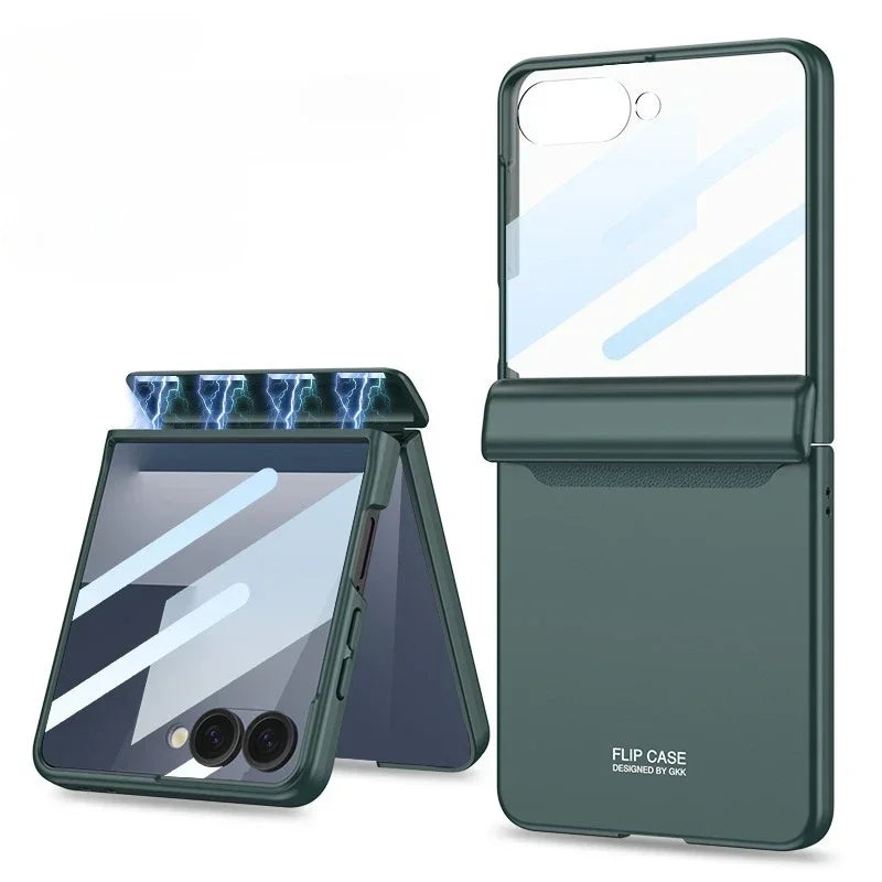 Green flip case for a smartphone with mirror surface on a white background