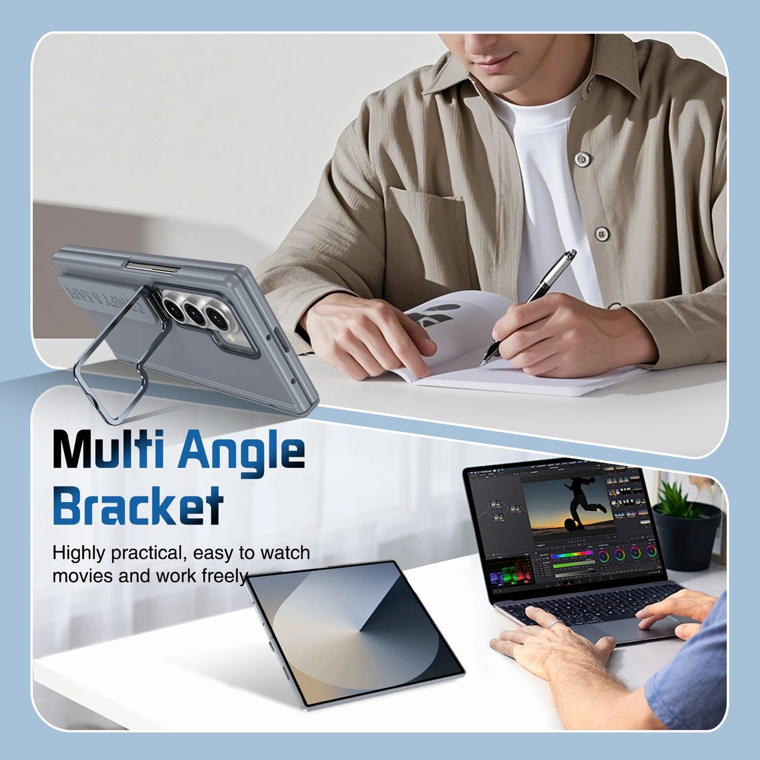 Person using a multi-angle bracket with a laptop and tablet, text 'Multi Angle Bracket' and 'Highly practical, easy to watch movies and work freely'.