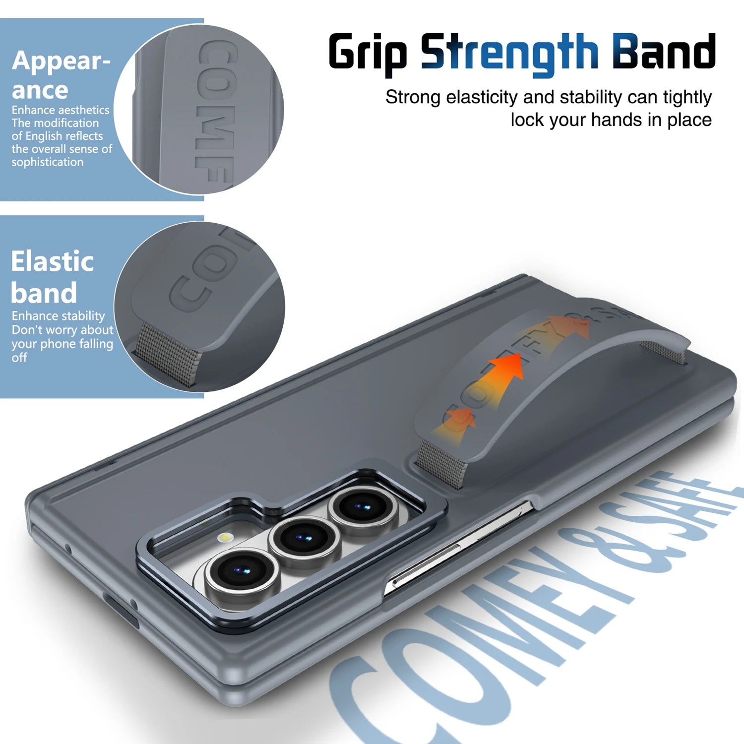 Phone case with grip strength band and COVEX branding on a white background