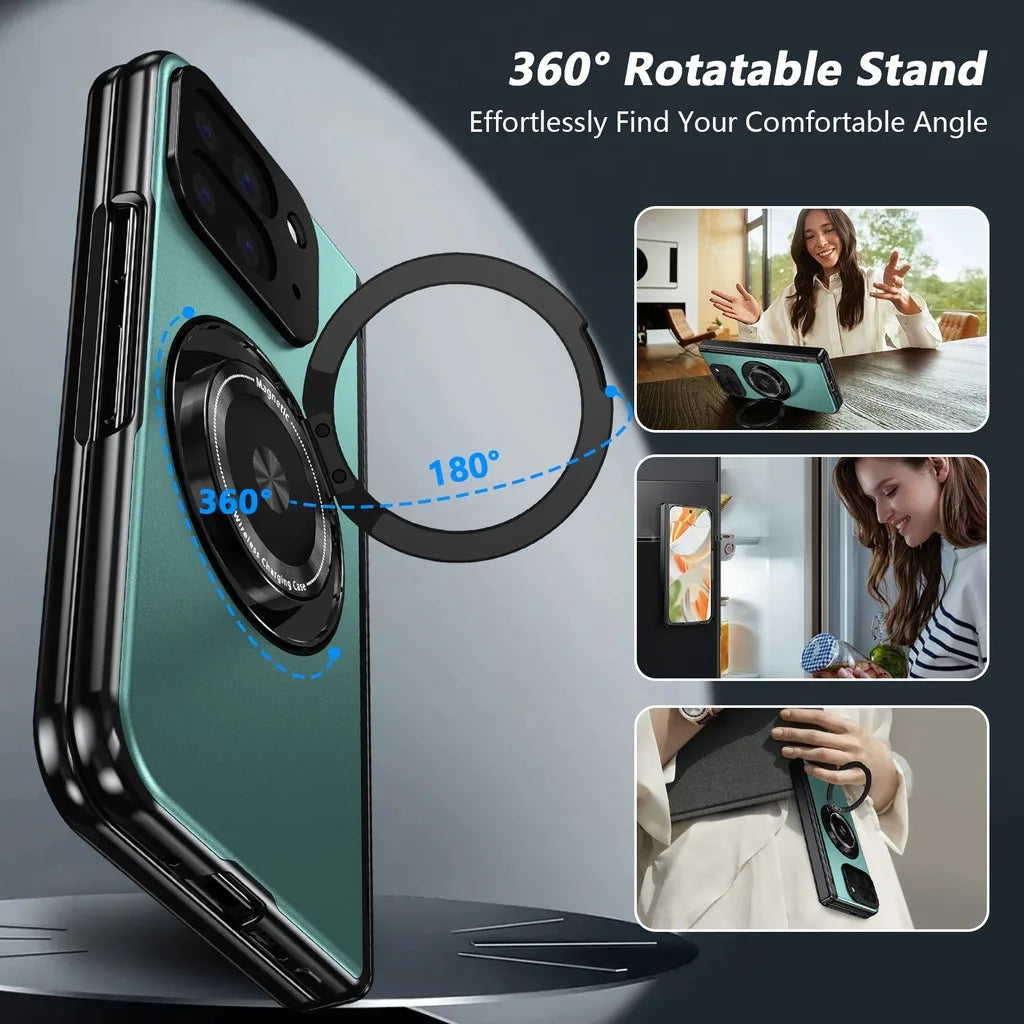Phone case with 360-degree rotatable stand feature, showing usage scenarios.