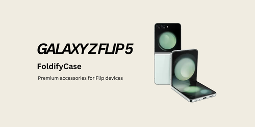 Foldable phone case with 'GALAXYZFLIP5' branding on a beige background