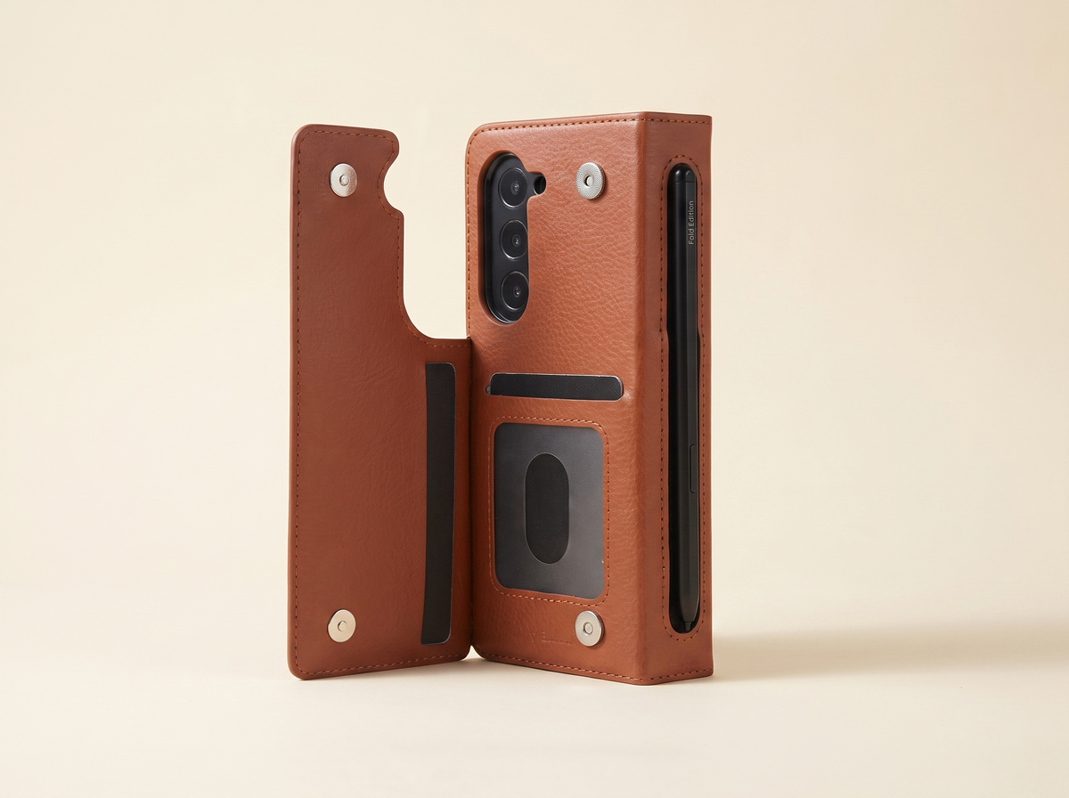 Envoy C1 brown leather wallet case for Galaxy Z Fold with flap open showing card slots ID window and S-Pen