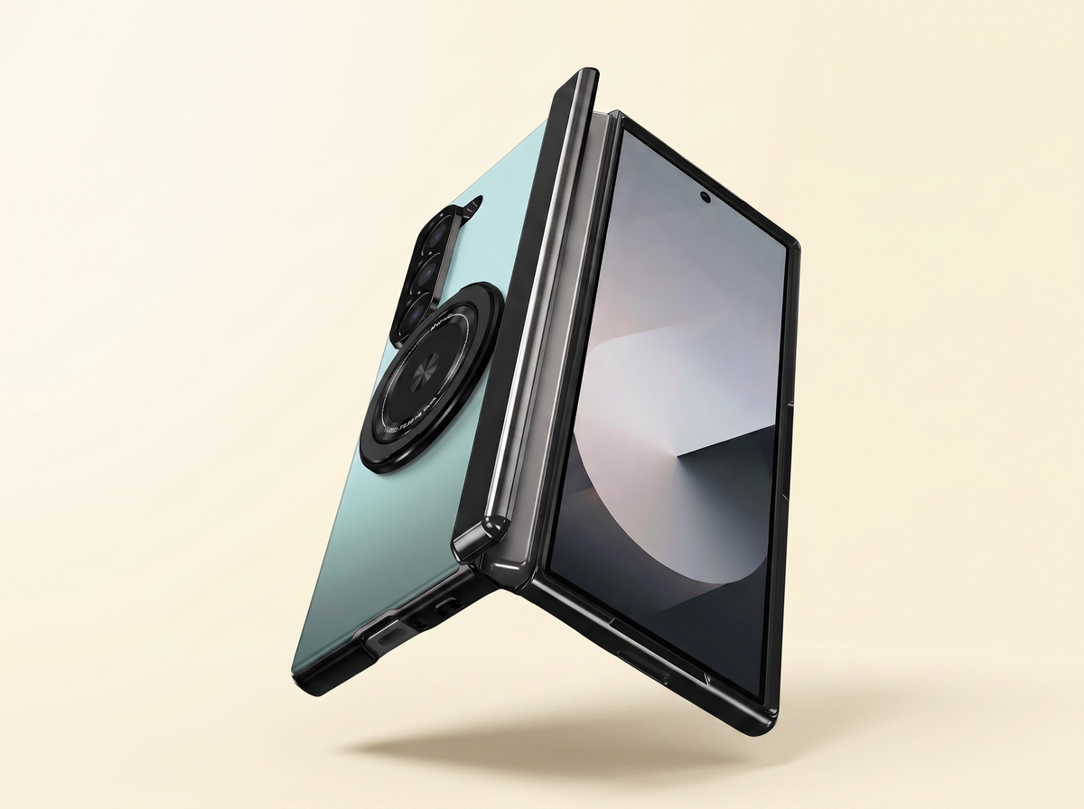 Axon M2 hinge cover case in mint green for Galaxy Z Fold half-open showing the protective hinge spine and rotating ring